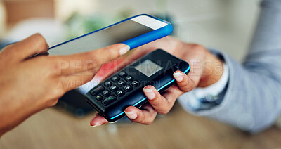 Buy stock photo Customer tapping phone for mobile nfc payment, digital transaction and money transfer for a quick, cashless and contactless sale in a store. Closeup of quick, easy and convenient retail shopping