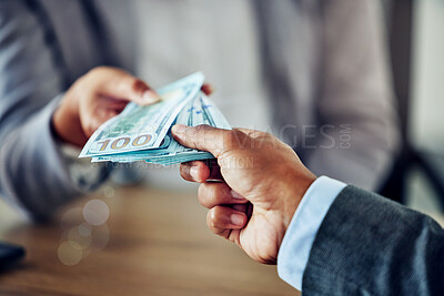 Buy stock photo Hands of a businessman, paying money for a service, contract or purchase agreement. Closeup of depositing notes into a bank for investment. Cash, corruption and a financial bribe