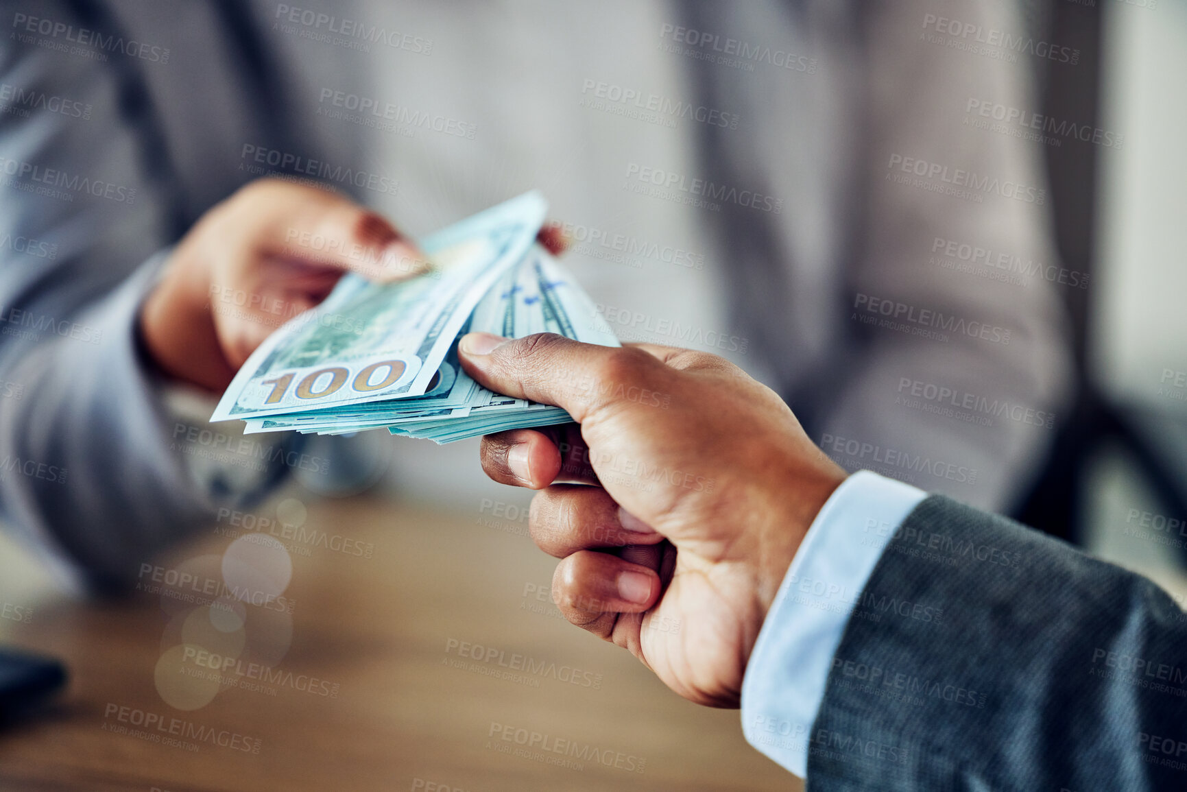 Buy stock photo Hands of a businessman, paying money for a service, contract or purchase agreement. Closeup of depositing notes into a bank for investment. Cash, corruption and a financial bribe