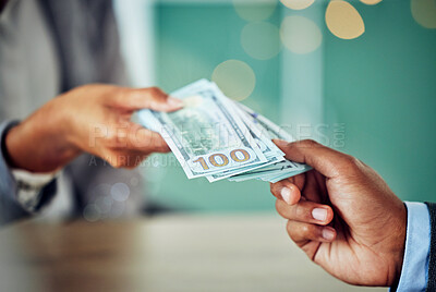 Buy stock photo Hands, dollars and businessmen exchanging cash at a bank, making a purchase or deal. Closeup of money, investment and business doing its accounting. African entrepreneur paying for a service or loan.