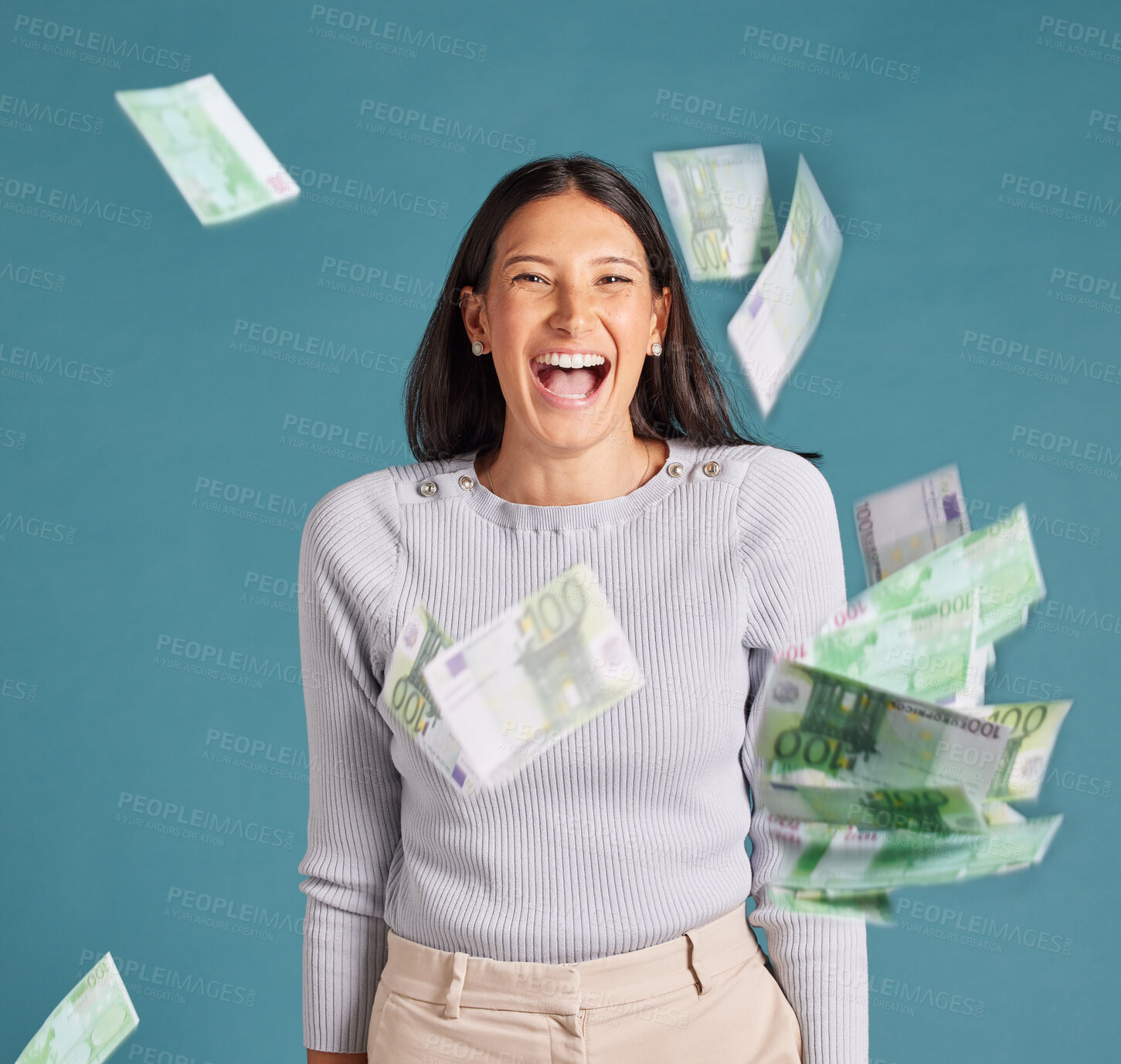 Buy stock photo Money, cash and bonus success of a woman with wealth, business growth and financial increase looking happy and excited. Portrait of a businesswoman winning or spending her savings, profit or interest