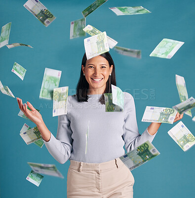 Buy stock photo Wealthy, rich and money rain or falling from the sky for financial success and growth. Portrait of a successful, happy and excited female catching cash and enjoying finance investment or lottery win