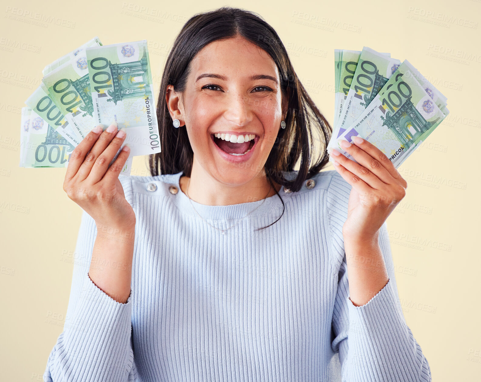 Buy stock photo Money, investment growth and finance success of a happy, excited and smiling woman holding cash. Portrait of a young happy female enjoying her growing financial wealth and savings with a big smile