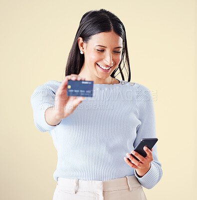 Buy stock photo Online banking, shopping and paying with credit card for investment payment on phone. Text from money or finance bank accountant to trendy, excited and happy woman for successful savings transfer