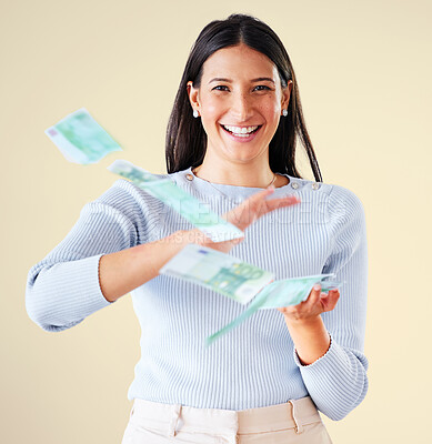 Buy stock photo Money, investment growth and finance success of happy, winning and celebrating woman throwing cash, salary or earnings. Portrait of rich girl showing off growing wealth, profit and financial freedom 