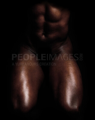 Buy stock photo Fit, strong and muscular man isolated against black background and posing nude, bare or topless. Closeup of powerful, active or athletic bodybuilder showing muscles, sensual body and male physique