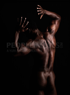 Buy stock photo Nude, sexy body and strong black man in dark studio for art, muscle power and sexuality. Sports person or bodybuilder model naked for motivation, health and wellness for self care background