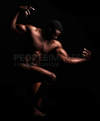 Buy stock photo Black man, fitness and strong muscle for nude body wellness and art on a dark studio background. Erotic or sports model person naked with motivation for bodybuilder and health I'm silhouette