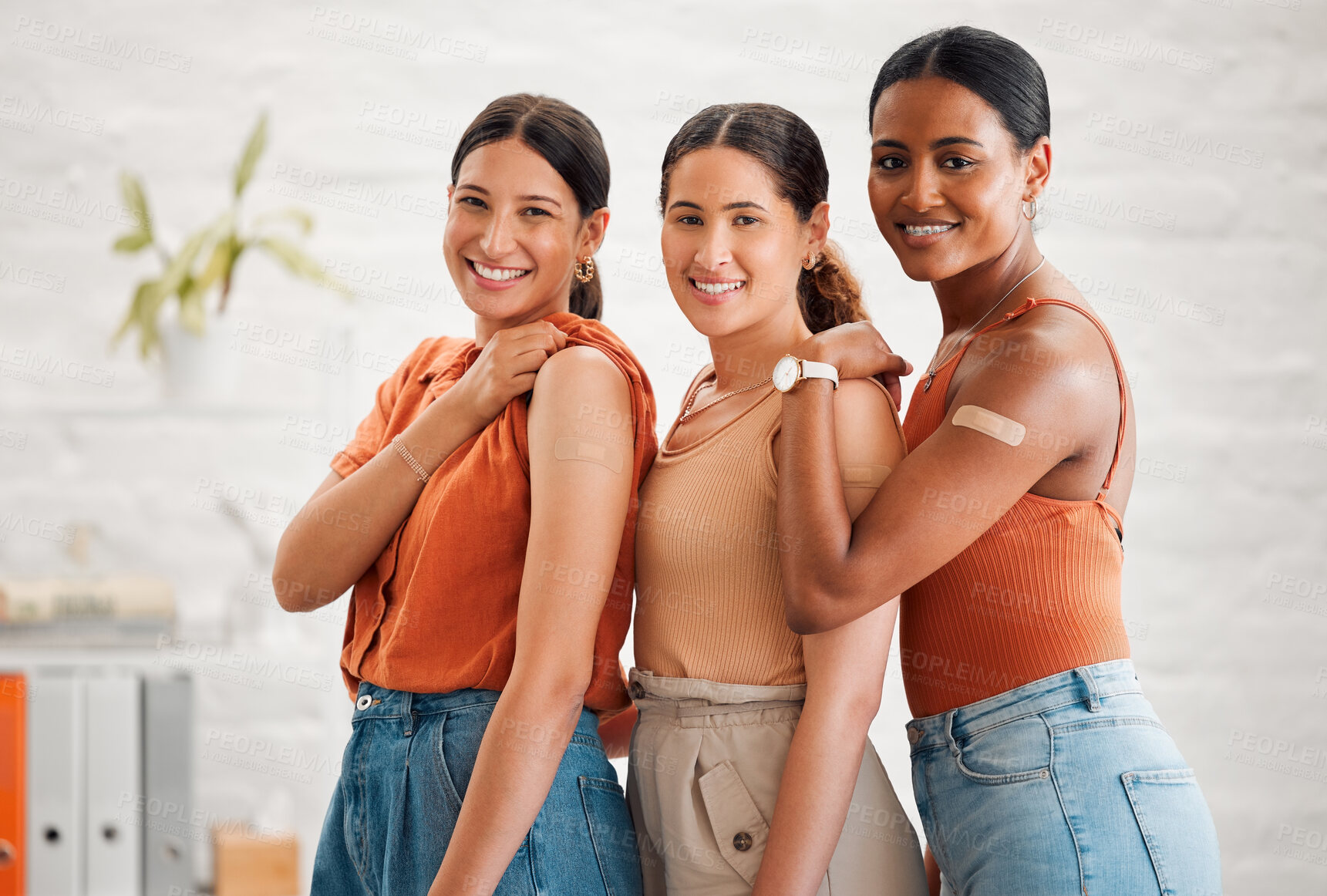 Buy stock photo Band aid, vaccine and injection for covid, flu or pandemic virus to protect from disease, sickness or illness. Portrait of diverse creative business women group showing, endorsing or supporting cure