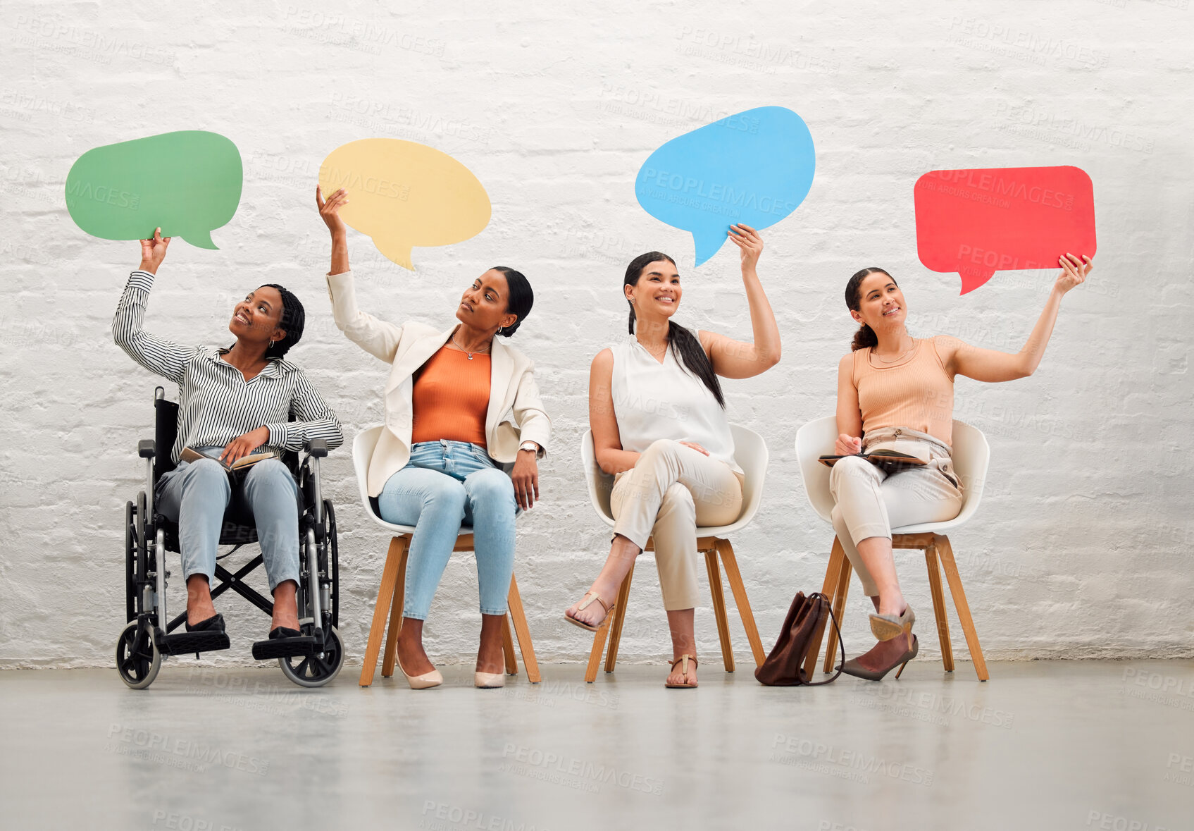 Buy stock photo Diversity, collaboration or social media speech bubbles of women community news thinking in digital advertising office space. Communication, review or vote mockup of friends with disabled woman 
