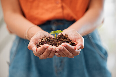 Buy stock photo Hands, closeup and holding growing seeds from healthy pot of soil. Agriculture, sustainable and green business for eco friendly living. Hope for environmental innovation and safe ecosystem.