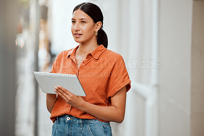 Buy stock photo Thinking, vision and growth mindset businesswoman with a tablet working on new marketing, social media or business website ideas. Trendy corporate professional with innovation strategy for online seo