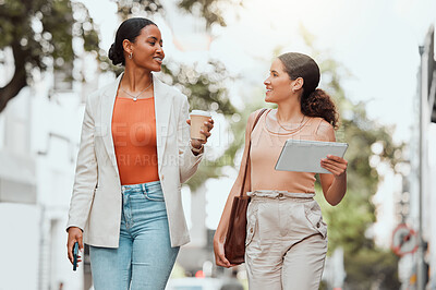 Buy stock photo Startup entrepreneurs, female friends or design students discussing fashion project over coffee. Trendy stylish  designers or girls walking together to agency in modern urban city with digital tablet