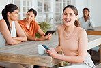 Texting on phone, networking and meeting friends for planning ideas, innovation and strategy for creative startup business. Portrait of woman with diverse group of businesswomen browsing social media