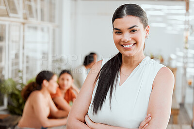 Buy stock photo Leadership, power and a confident professional woman crossing her arms, leading at a small business or startup. Business owner looking proud, happy and satisfied with her career, mission and goal
