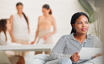Buy stock photo Thinking, idea and wondering business woman looking into the distance holding a tablet and browsing social media. A thoughtful young female digital marketing agency employee searching the internet