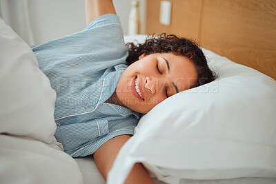 Buy stock photo Carefree, rested while stretching in in bed in the morning. Relaxing and enjoying free time while sleeping in. Cozy, smiling and waking up with a positive mindset while lying in bed after good sleep
