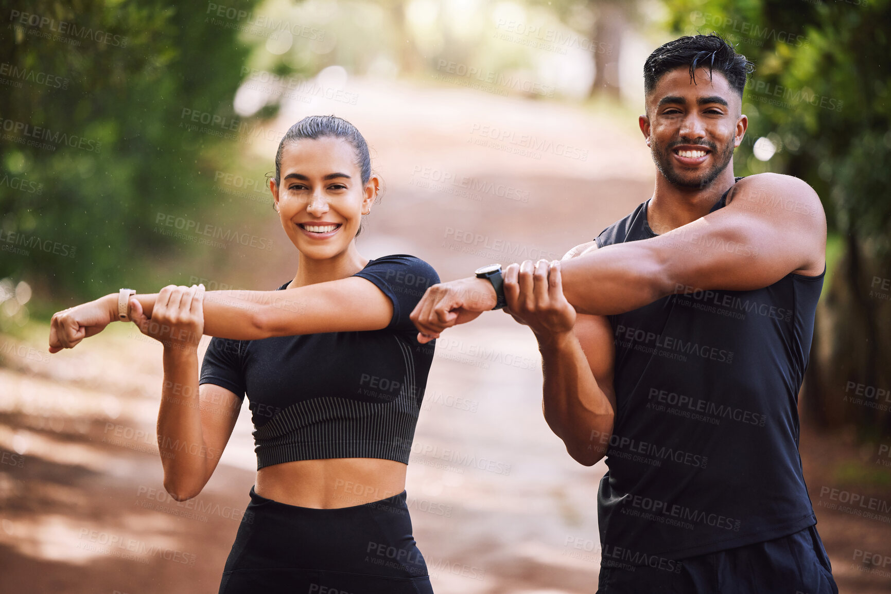 Buy stock photo Fit, active and athletic couple stretching, getting ready and preparing for workout, exercise and training. Portrait of smiling, sporty and healthy man and woman in nature park, forest and garden