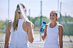 Sports women, court and conversation during tennis training for match or tournament. Friendship, together and empowerment of female athletes. Friendly talking and communication with competitor.