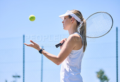 Buy stock photo Sports, tennis ball and player ready to play a game on the court for fitness, healthy and exercise training in summer. Girl, woman and athlete with energy playing a fun game for an outdoor workout