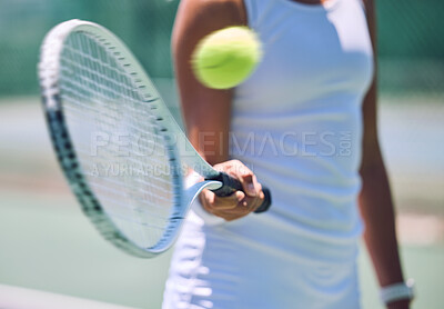 Closeup tennis ball, racket and sport for fit, active and healthy player hitting, training and exercising for practice. Porfessional player warming up for routine workout and exercise match on court