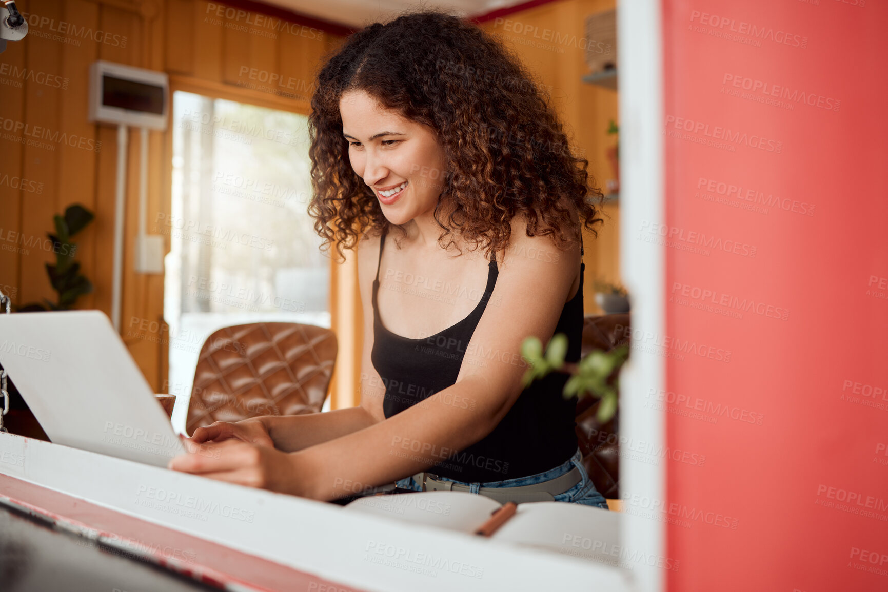 Buy stock photo Freelance woman on a laptop working, planning and organizing ideas for social media marketing project, copywriting or website. Freelancer or entrepreneur reading email or doing seo research online