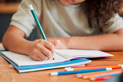 Buy stock photo Creative kid drawing, writing and coloring in book for home school, education and knowledge in classroom or library. Preschool, elementary or kindergarten child studying and learning write alphabet