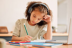 Smart school child, student and virtual learning while writing in his book inside an education classroom. Creative with headphones drawing art on paper. Cute, artistic and little kid doing homework