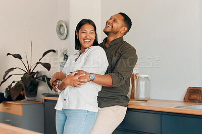 Buy stock photo Hugging, embracing and in love couple in a home living room, kitchen or lounge and bonding, enjoying time together and relaxing. Smiling, happy and laughing man and affectionate woman standing close