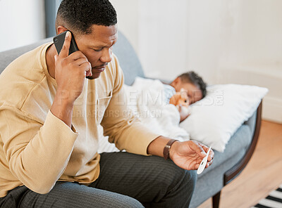 Buy stock photo Worried father concerned, caring for sick son calling a doctor and taking temperature check of his sleeping kid at home. Parent consulting with professional and taking care of child with fever