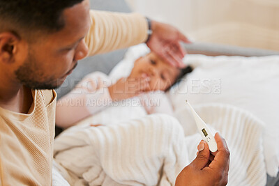 Buy stock photo Sick, cold and flu of sick child with caring and loving parent taking temperature of his daughter. Father on family responsibility leave to care, love and treat his little girl with fever at home. 