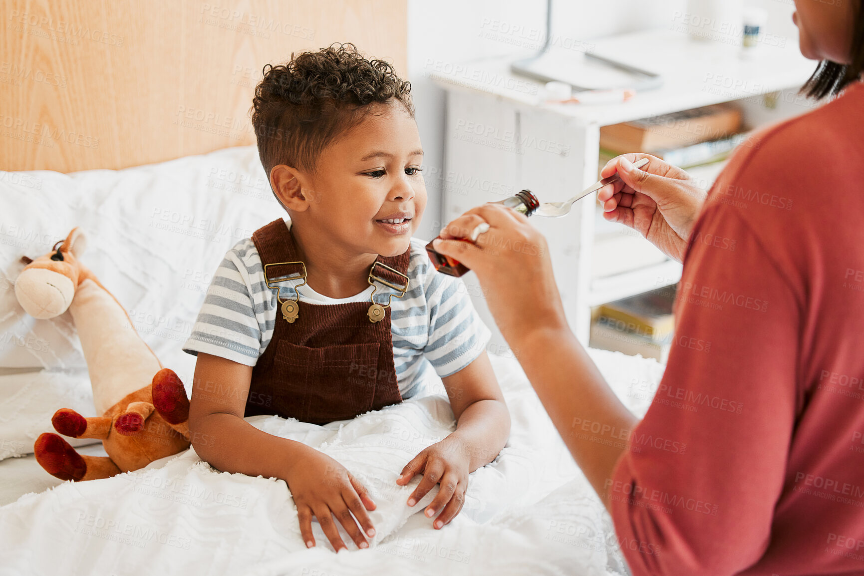 Buy stock photo Sick child taking medicine, syrup and treatment for recovery of cold illness, flu sickness and virus symptoms. Mom caring for health of young son, kid and boy to rest in bed for wellness at home