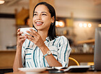 Smile, happy and beautiful woman drinking coffee, thinking and enjoying breakfast break in a cafe. Thoughtful lady relax, joyful and having positive idea while sitting with a warm tea or beverage 