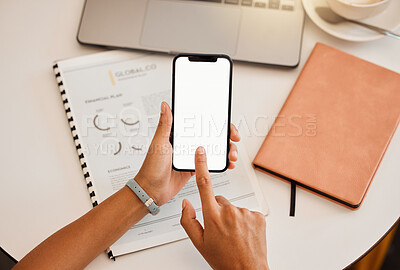 Buy stock photo Business phone blank screen display in businessperson hands showing marketing, advertising or copy space from above. Finger typing, using wireless tech for online app, website or new modern software.