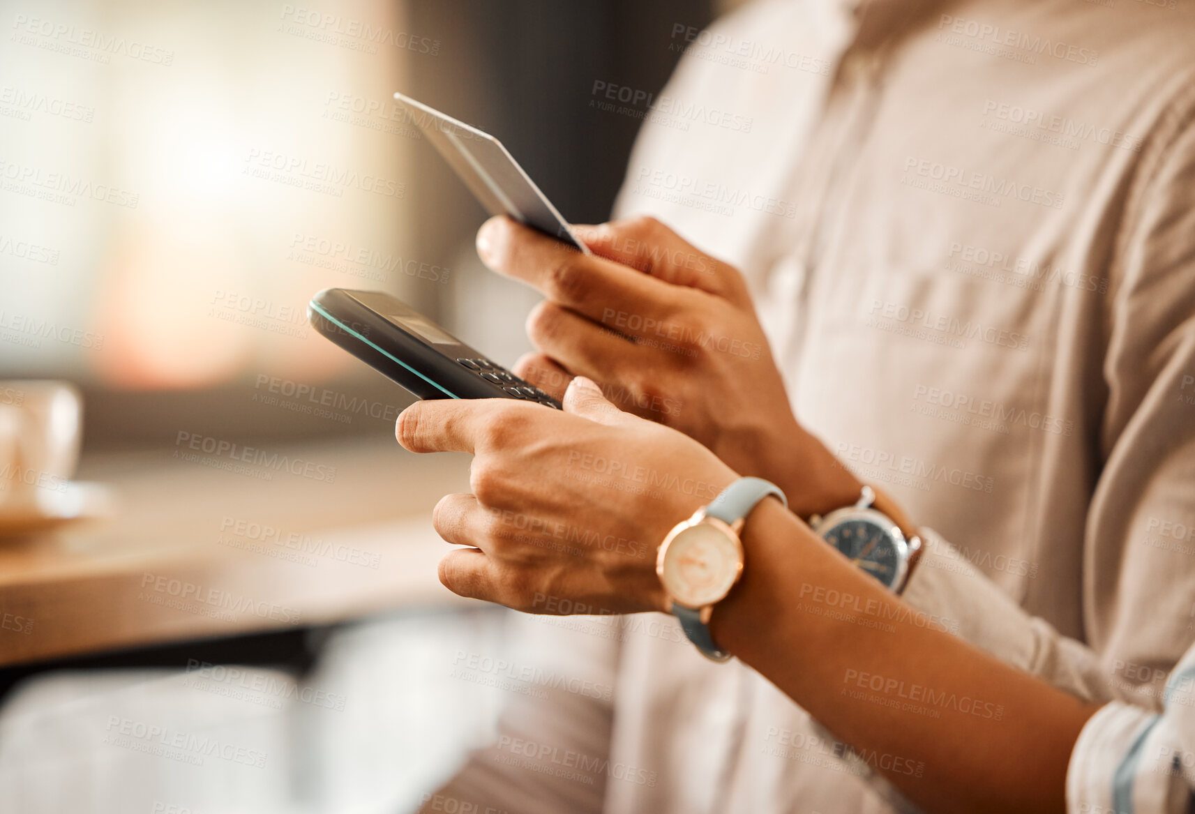 Buy stock photo Hands paying with credit card and machine at shop, buying a product at cafe and making contactless payment at restaurant. Customer making nfc purchase, getting help from worker and waiter for service