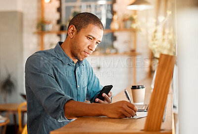 Buy stock photo Serious, casual man entrepreneur working in restaurant cafe, calculating inventory and budget expense. Young male manager busy planning finance, accounting, tax report of his coffee shop startup 