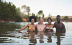 Friendship, couples and lake swimming together in summer or spring in bikinis on a fun vacation. Happy, relaxed and diverse young people enjoy the freedom, river and dam outdoors on a nature vacation