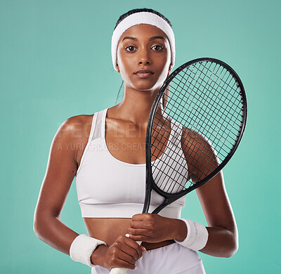 Buy stock photo Woman sport tennis player and athlete feeling strong with female empowerment and motivation. Portrait of a fit, serious and young athletic indian lady looking motivated, determined and confident
