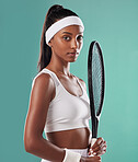 Confidence, success and competitive tennis player ready to play a game. African athlete training for strength, motivation and sports portrait. Winning, exercise and fitness lifestyle with sportswoman