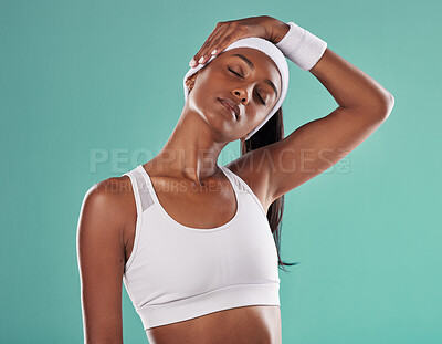 Buy stock photo Stretching, a healthy and beautiful sports woman in a neck stretch before a workout or game. Fit athlete or trainer, girl with a healthy lifestyle, in performance gear and ready for training session