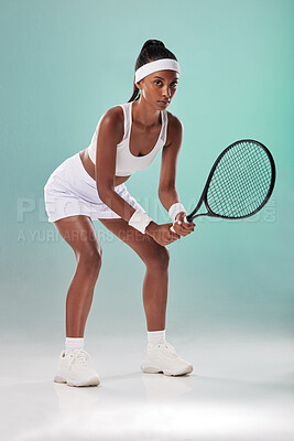 Buy stock photo Sports motivation, training and young woman with focus ready to start with tennis. Portrait of an Indian fitness sport coach ready to play and exercise feeling the competition energy and power