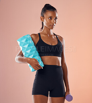 Buy stock photo Fitness, exercise and health motivation of a young woman ready to start yoga or a gym workout. Focus of an Indian person thinking about female empowerment, sports performance and wellness training