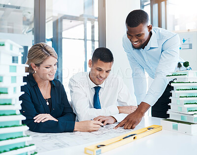 Buy stock photo Design, architecture and diversity of a team of architects working on construction blueprint plan. Happy, creative colleagues or engineer planning a building layout for a project in the office.