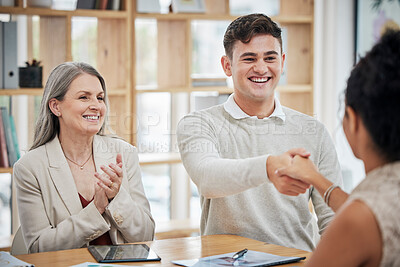 Buy stock photo Happy business people shaking hands, meeting and greeting in an office. Happy professional talking to his boss about a promotion or job. Hr congratulating ambitious employee, clapping and celebrating