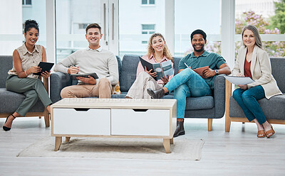 Buy stock photo Portrait, relax and happy business people waiting on break reading books or magazines. Resting, relaxing and team of workers in recruitment room or lobby together at company, office or workplace.