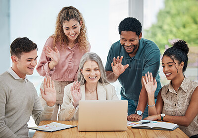 Buy stock photo Diversity, creative and corporate team on a video call while greeting a colleague on a laptop. Team waving at coworker on online zoom meeting. Business people networking on a webinar to do teamwork.