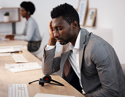 Buy stock photo Tired, sleeping and overworked while working late in a call center or telemarketing agency. Stress, burnout and fatigue while putting in long hours for customer service, CRM and contact us support