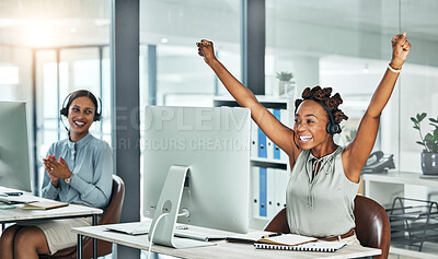 Buy stock photo Call centre, cheerful and agent celebrating with arms up at her office desk. Successful, professional and positive customer review or bonus. Helpdesk worker excited with salary performance increase.