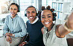 Headset selfie of call center agents, customer service help or online support workers and friends. Telemarketing group, team or staff of helpdesk assistants and hotline management people at office