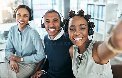 Buy stock photo Fun selfie of call center agents, customer service or online support workers and friends in an  office. Telemarketing group, team or staff of helpdesk assistants and hotline management people